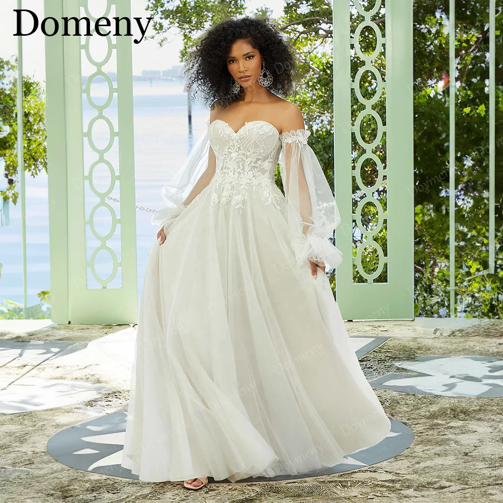 

Doymeny Elegant Wedding Dress Stunning Strap Less A-line Sweetheart Appliques Detachable Sleeves Tulle Vestidos De Novia