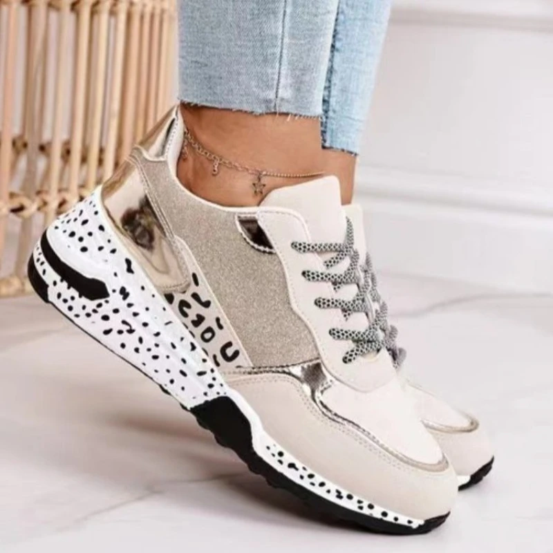 

New Women's Casual Shoes Leopard Print Colorblock Platform Loafers Fashion Lace-Up Wedge Vulcanized Shoes Tenis De Basquete