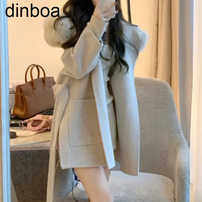 

2022 Autumn Winter Elegant Cashmere Double Sided Woolen Coat Korean Style Women's Belt Solid Thick Short Woolen Coat for Female