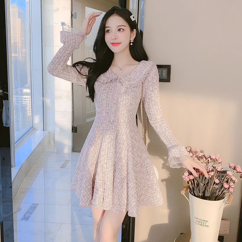 

Женское модельное платье с кружевом, элегантное твидовое Повседневное платье с оборками на рукавах в Корейском стиле для вечерние, осень