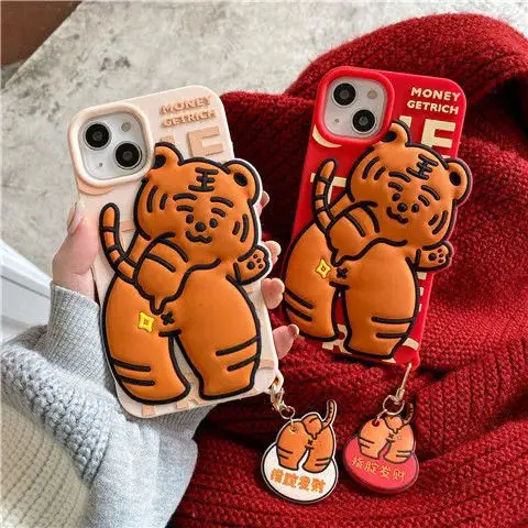 

3D Cute Cartoon Lucky Red White Tiger Phone Case for IPhone 11 12 13 Pro Max SE 2020 6 6S 7 8 Plus XS X XR Soft Silicone Cover