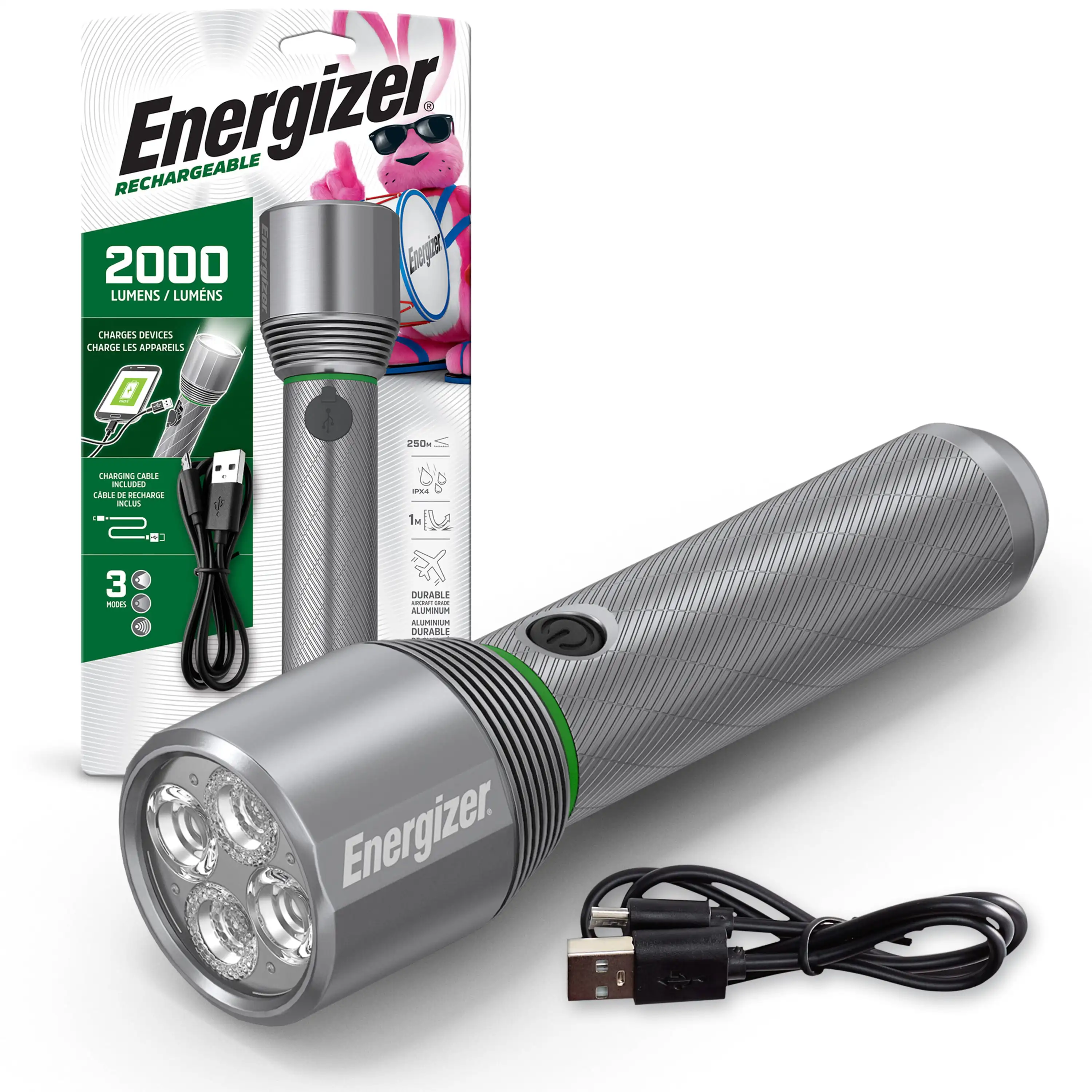 

Metal Rechargeable LED Flashlight with USB Charging Port, 2000 Lumen