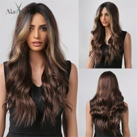 alan eaton dark brown long wavy synthetic wigs for black women african american natural hair wig with blonde highlight cosplay