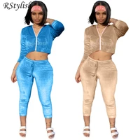 rstylish vintage street velvet two piece set women tracksuit 2022 fall spring long sleeve crop top hoodie coatpants outfits