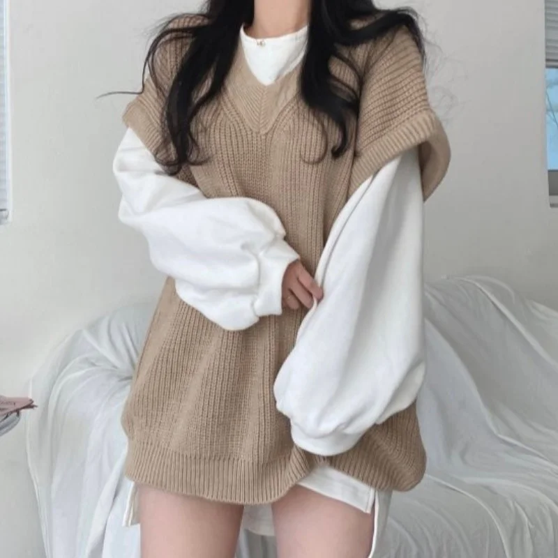 

Autumn Women's Wear Fashion Leisure Loose Solid Color Tops Lantern Sleeve Long Sleeves Knitting v Neck Khaki Vest Two Piece Set