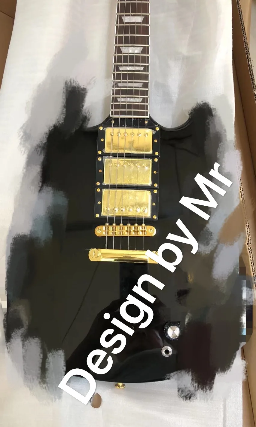 

Custom Black 6 Strings Electric Guitar 3 Humbucker Pickups Gold Hardware Free Delivery