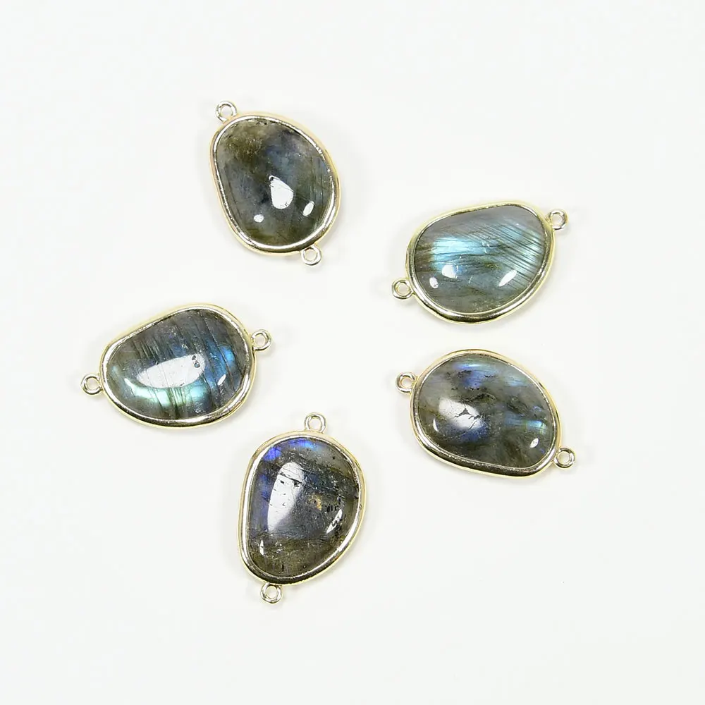 APDGG 5 Pcs Natural Labradorite Smooth Double Bail 24K Gold Plated Bezel Sets Connector Pearl Necklace Pendant Jewelry DIY