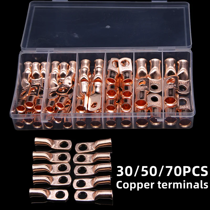 

30/50/70PCS Copper Battery Ring Wire Connectors Open Lugs Cable Crimp Electric Terminals 8-1 AWG SC Termianl Kit Assortment