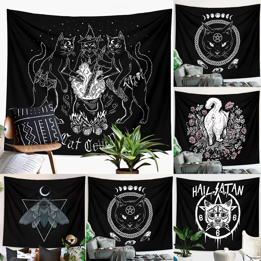 Cats Tapestry Hanging Cloth Witchcraft Mystery Divination Astrology Tapestries Black Decoration Bedroom Decor Aesthetic Custom