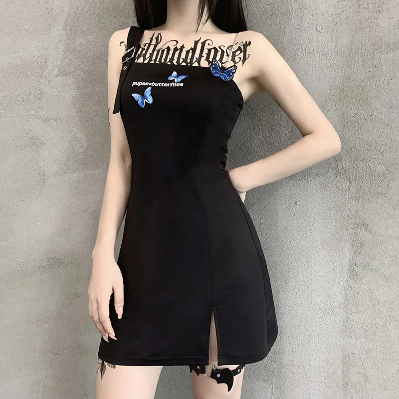 

Dark Girls High Street Dress Women 2022 Butterfly Printed Short Dress Female Split Asymmetric Straps Skirt Dresses SXHLYQ563