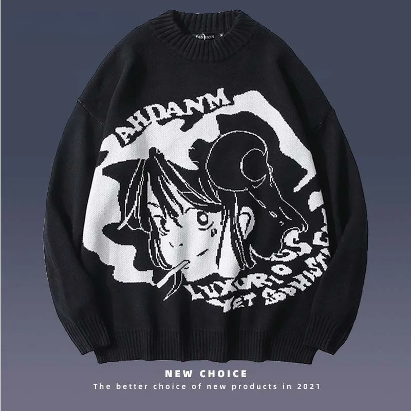 

Свитер Мужской трикотажный в стиле хип-хоп, мультяшный пуловер с японской милой девушкой в стиле ретро и аниме, уличная одежда в стиле s Хара...