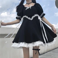 houzhou black lolita dress kawaii lace patchwork gothic dress women square collar puff sleeve japanese harajuku fashion sundress