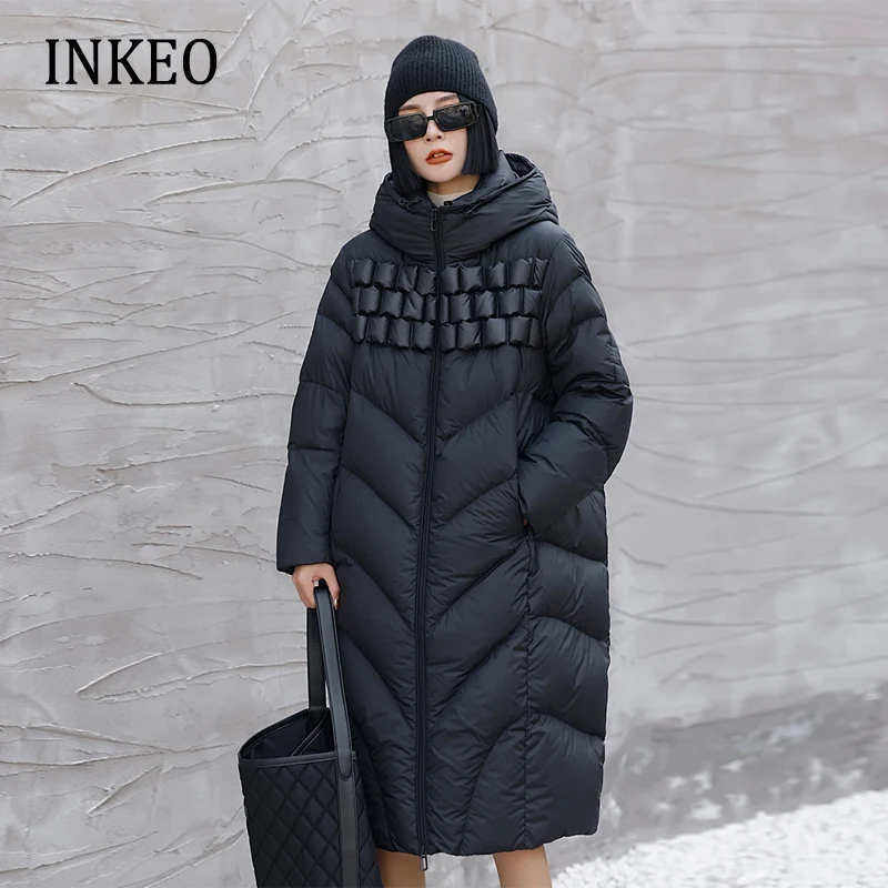 Пуховик женский зимний длиной до колен с капюшоном, INKEO 2O3660
