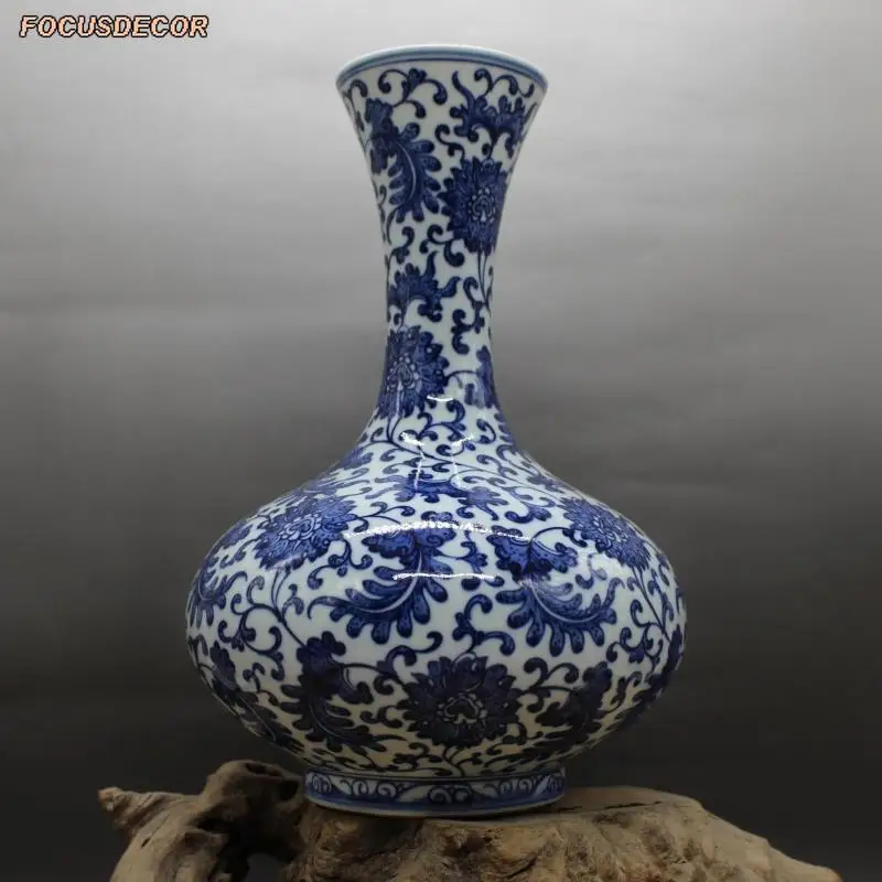 Фото Керамическая ваза для бутылок Qing Dynasty Qianlong, синяя и белая ваза с узором лотоса, ручная работа, Цзиндэчжэнь, антикварная фарфоровая керамика №4