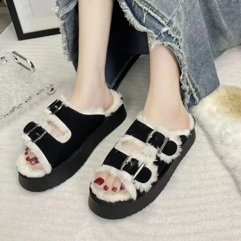 

Женские флоковые тапочки, новинка осень-зима 2023, меховые открытые плюшевые шлепанцы, Женская обувь в римском стиле на платформе, женские туфли