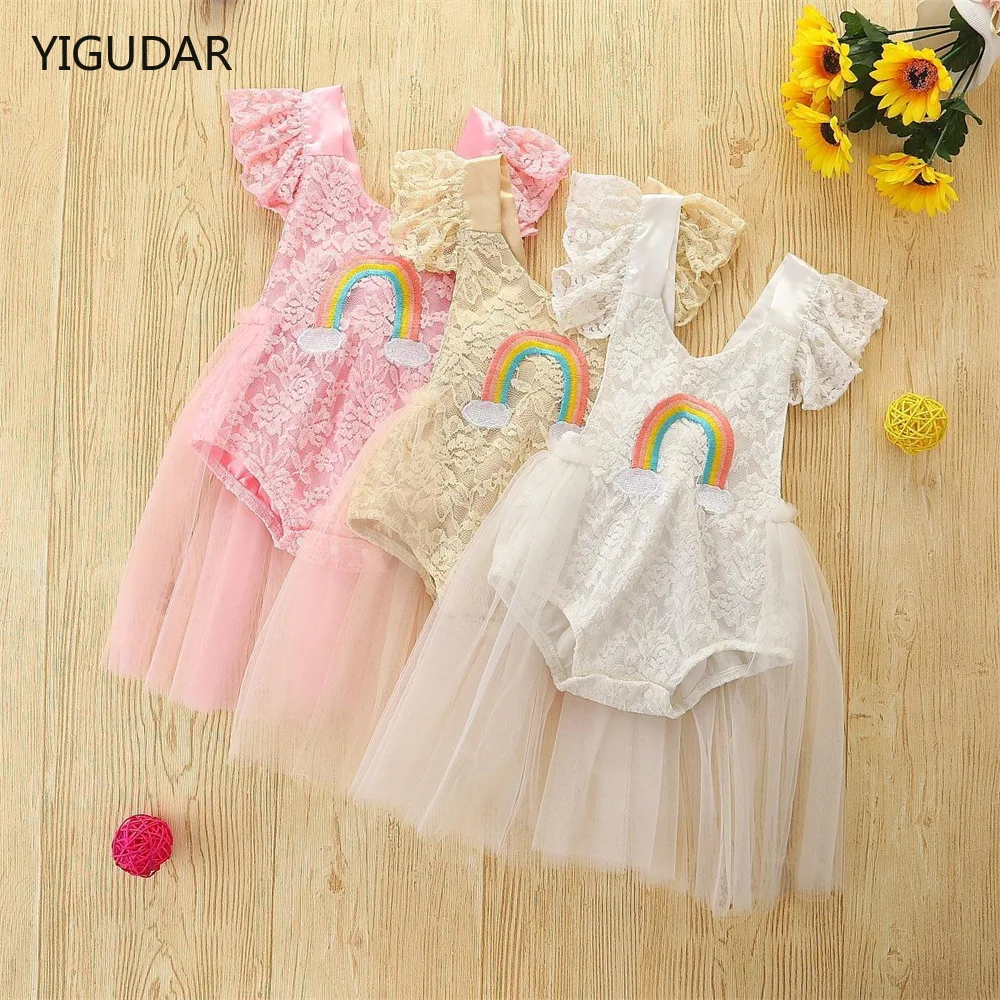 

Baby Summer Clothing Newborn Infant Baby Girl Bodysuits Dress Clothes short Sleeve Rainbow Print Jumpsuits Tutu Dress 0-18M