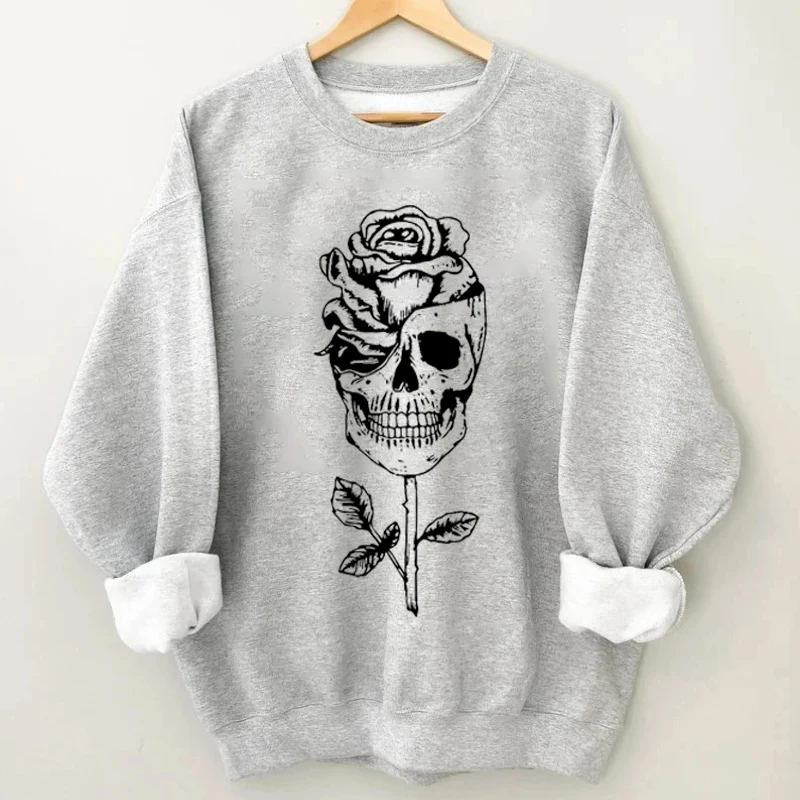 

Rheaclot Skull Flowerpot Rose Women's Retro Cotton Female Funny Long Sleeves Sweatshirt