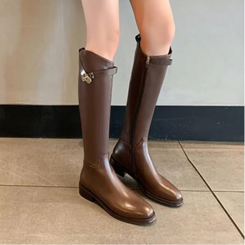 Womens High Boots 2022 Autumn Winter Low Heels Knee High Boots Zipper Black Brown Ladies Chelsea Shoes Brand Brown Long Boots