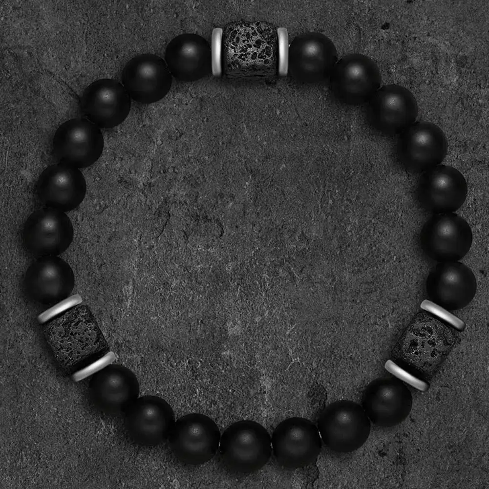 Мужской черный классический матовый браслет Obisidian с бусинами из лабрадорита