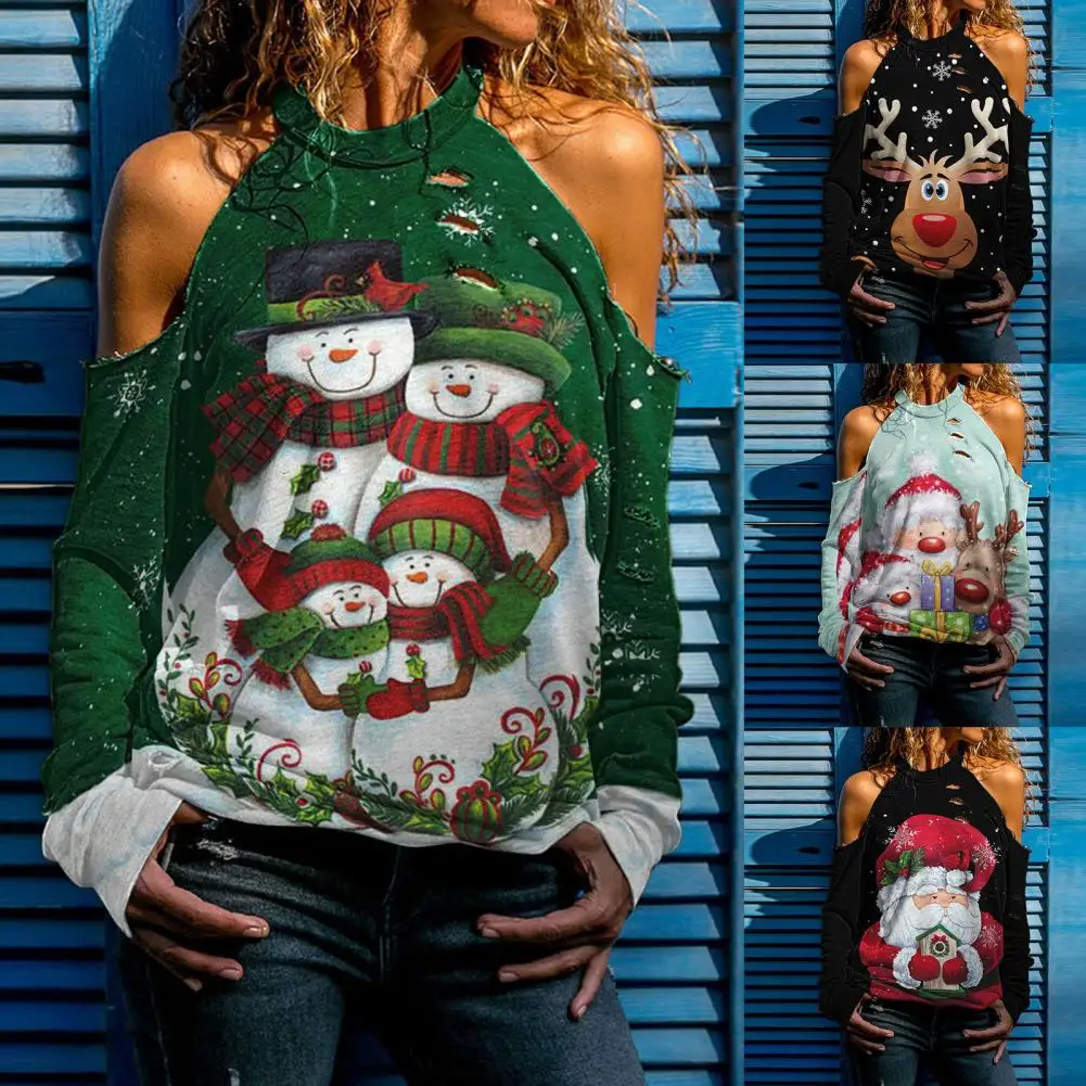 

Ripped Holes Off Shoulder Women Blouse Hollow Out Santa Claus Print Xmas Pullover Blouse for Outdoor