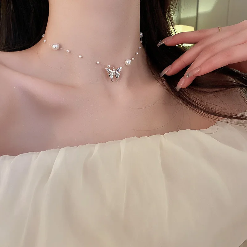 

Pearl Pendant Necklace Fashion Butterfly Pearl Necklace Clavicle Style Pearl Chain Trend Belt Butterfly Necklace