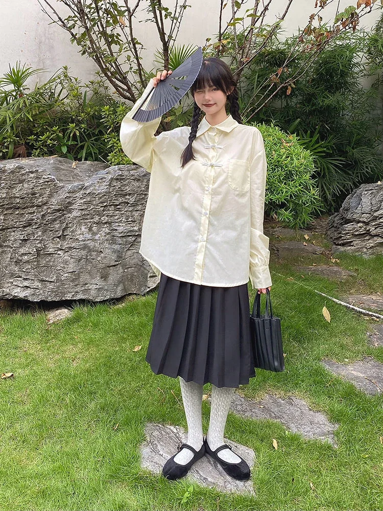 Блузка женская в китайском стиле Харадзюку с длинным рукавом и пуговицами