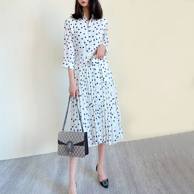 

Женское винтажное платье-рубашка, черное плиссированное платье с поясом и принтом в виде пятен, оригинальная модель в английском стиле