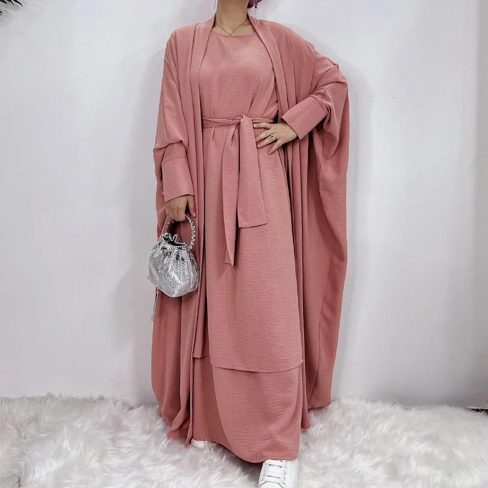 

Wepbel Turkish Caftan Open Abaya Muslim Dress Women Dubai Robe Solid Color Dress 2 Piece Sets Cardigan Islamic Clothing Dress