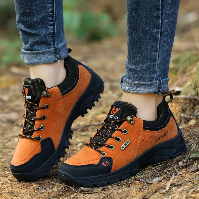 Fashion Orange Hiking Men Shoes Comfort Suede Leather Climbing Sneakers Couple Shoes Hiking Trekking Shoes Men zapatillas hombre
