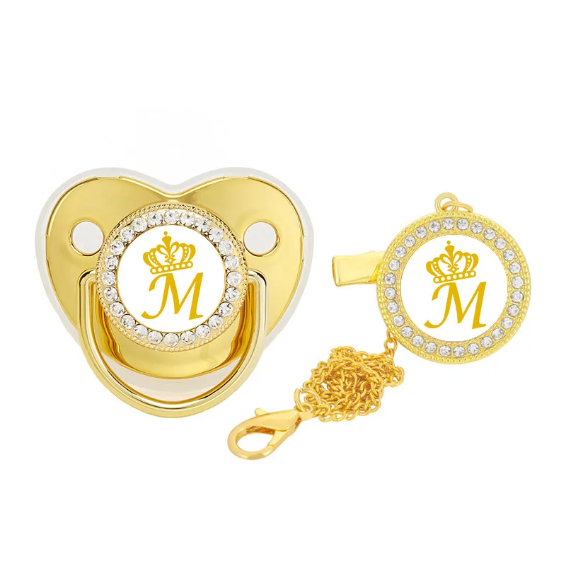 

Luxury Gold Crown 26 Name Initial Letter Baby Pacifier With Clip Infant Silicone Dummy Soother Bling Teat For Baby Unique Gift