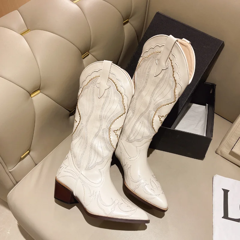 

Женские универсальные рыцарские модные ботинки в стиле ретро, комбинированная обувь в форме V, женские полусапожки на блочном каблуке, ковб...