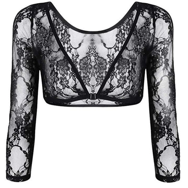 

Sexy Women Lingerie Fashion See Through Floral Lace 3/4 Length Sleeve Slip-on Short Shirts Crop Top For Party Nightwear