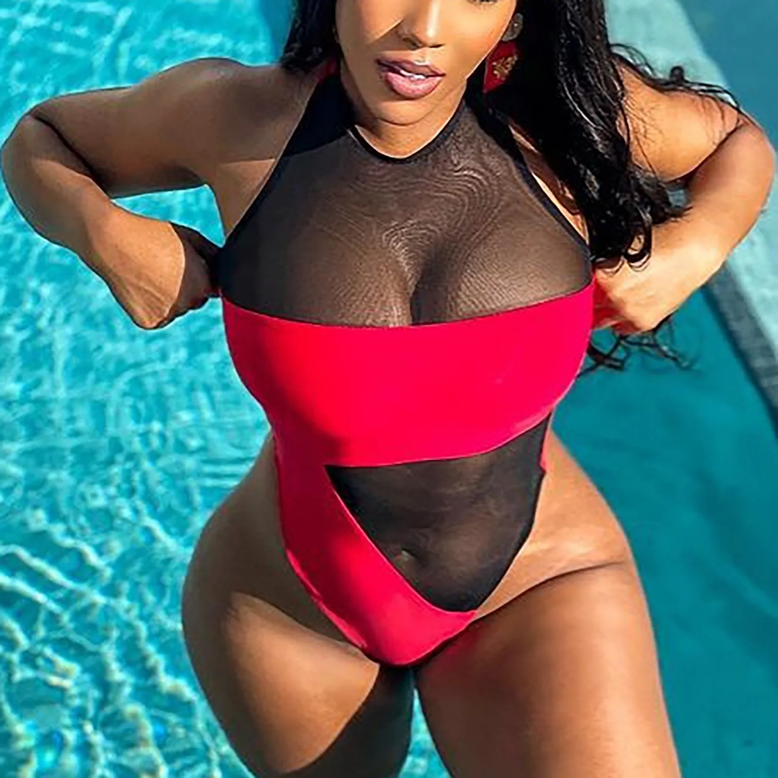 

Summer Women's Fashion Sexy Mesh Splicing Backless One Piece Bikini Swimsuit Bathing Suit Halter Beachwear Monokini Swimwear#g3