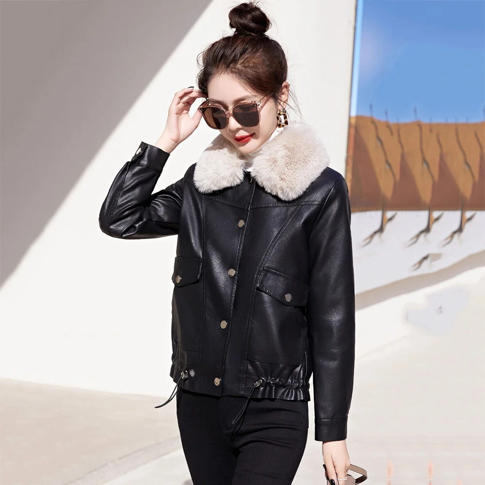 New Women Plus Velvet Lining Leather Jacket Autumn Winter Casual Fashion Fur Collar Loose Thicken Warm Leather Coat Female