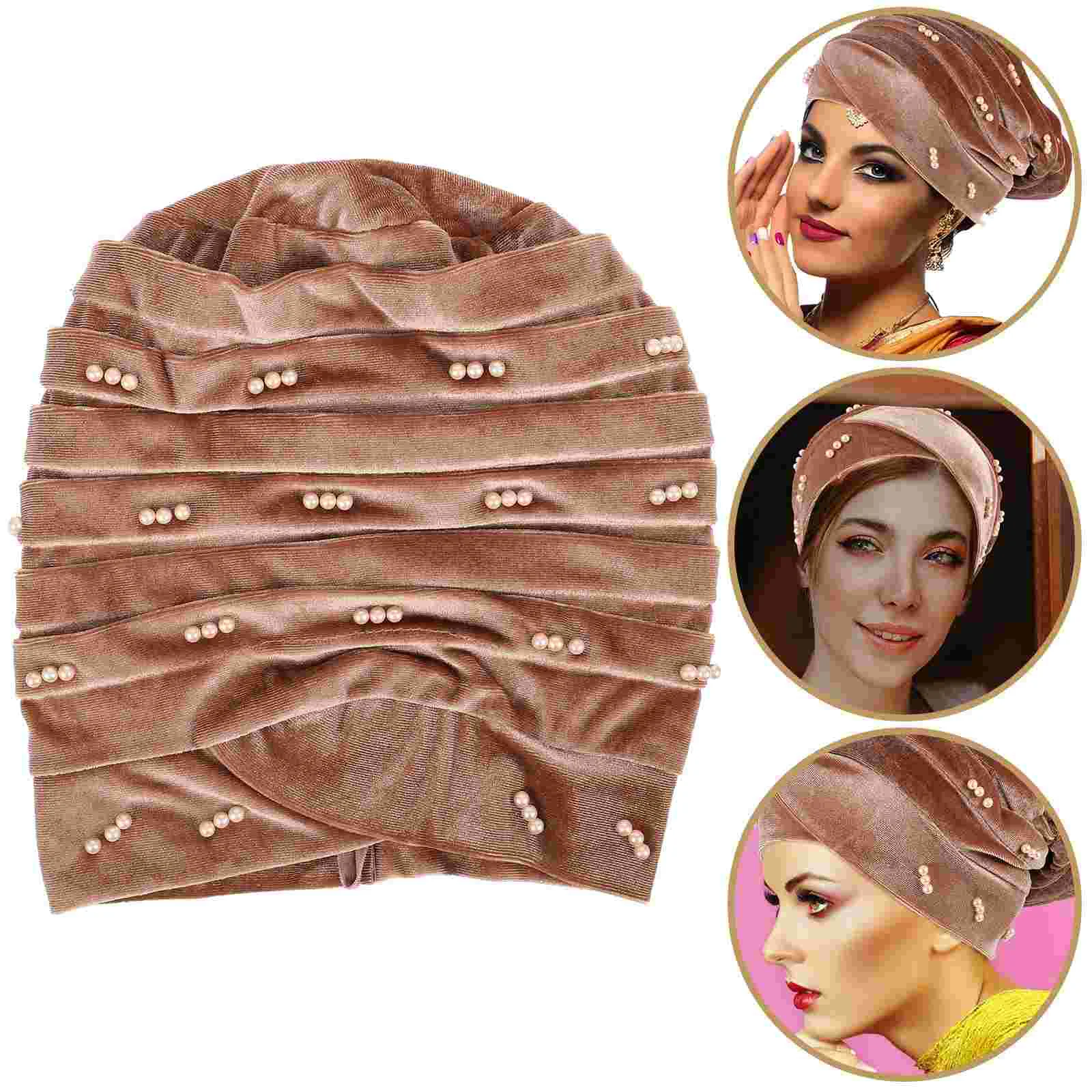 

Pearl Sleeping Turban Women Hair Bonnets Girl Chemo Hats Headwear Velvet Women's