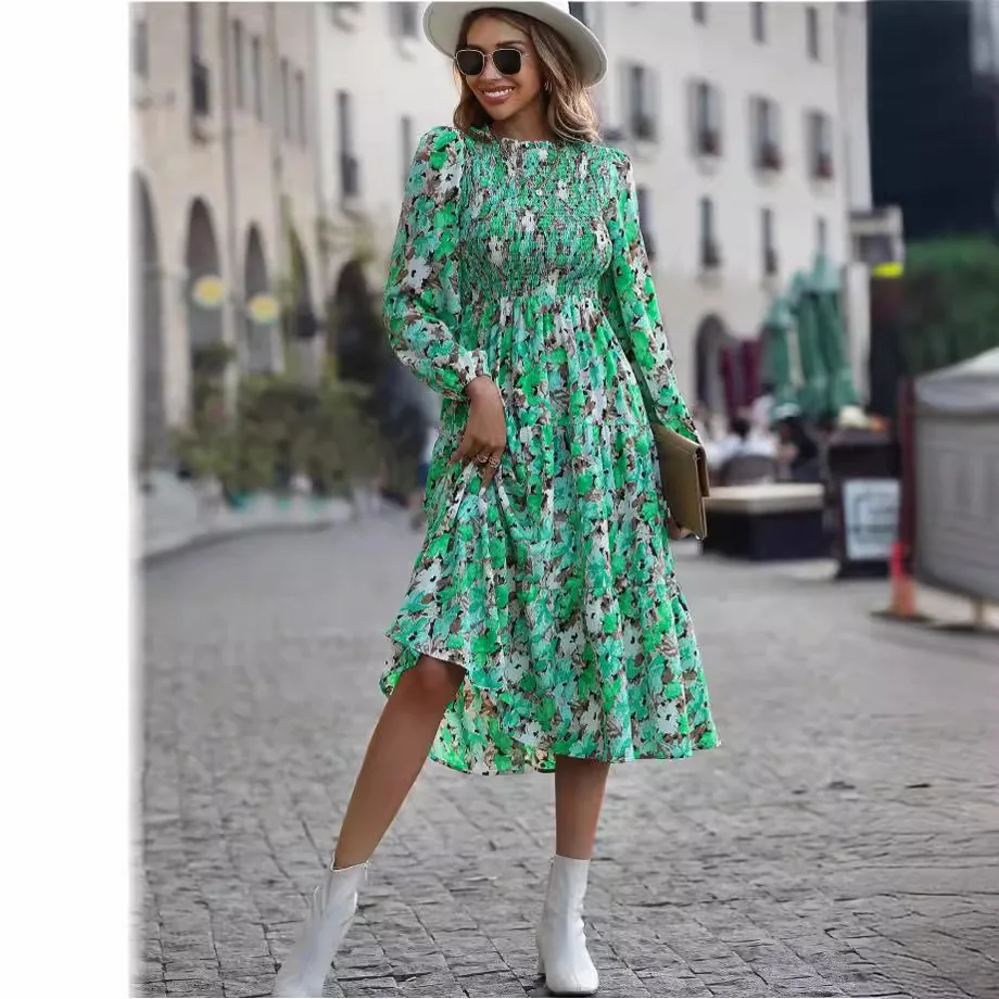 Летнее платье для женщин с цветочным принтом круглым вырезом и длинными рукавами