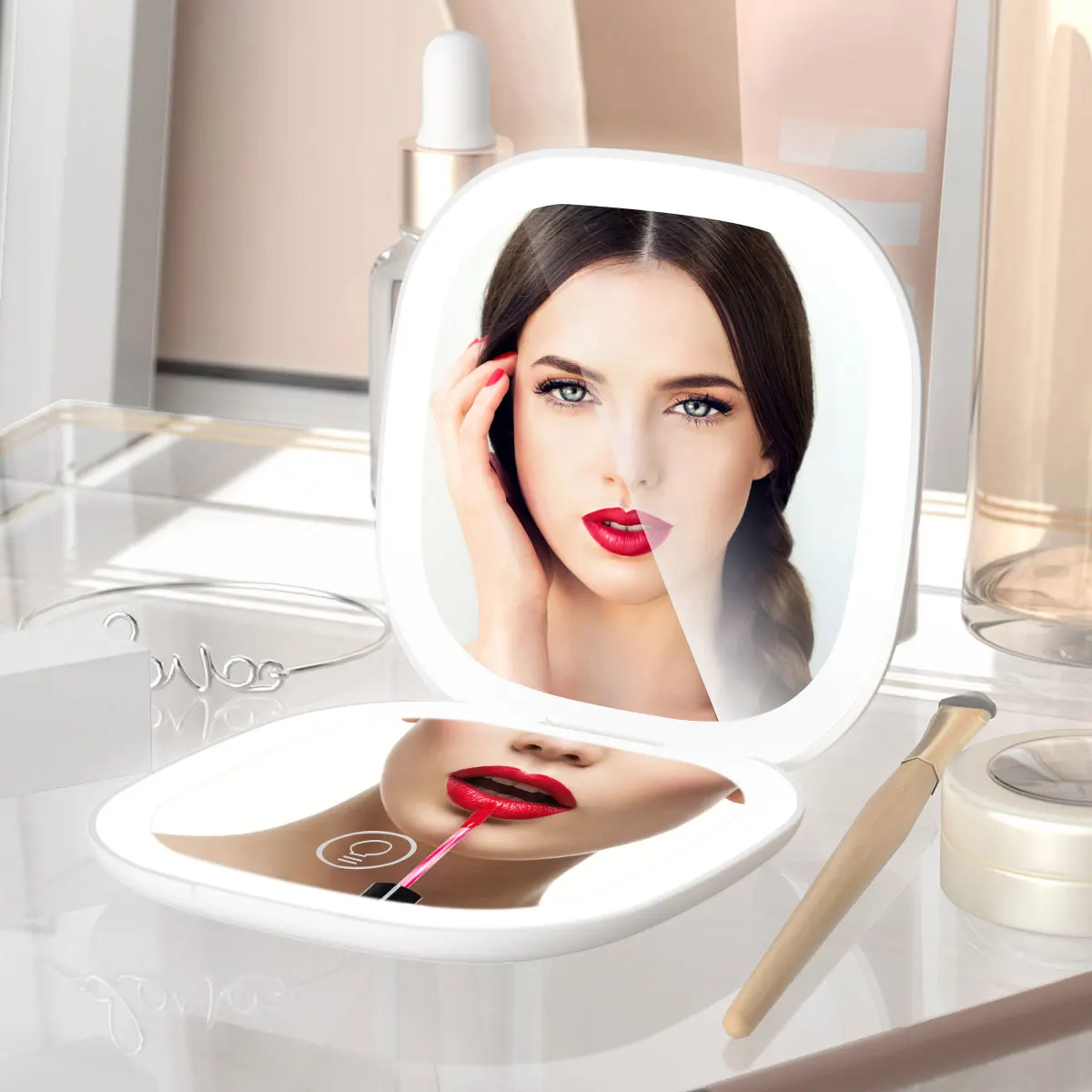 

Harupink Travel Magnifying Mirror with Light 1X 5X Compact Lighted Makeup Mirror 400mA USB Rechargeable LED Cosmetic Mirror