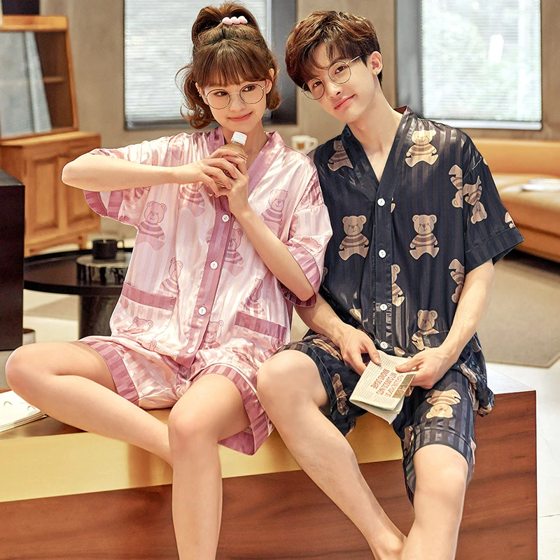 Summer Adult Pajama Sets Women Men Pijama Suit V-Neck Silk Cartoon Bear Korean Loose Pyjama Home Couple Sleepwear Clothes