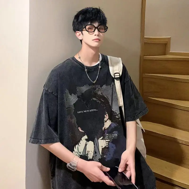 

Summer New Cotton American Retro Portrait Short Sleeve T-shirt Men's and Women's Loose Street Style Couple Half Sleeve Top