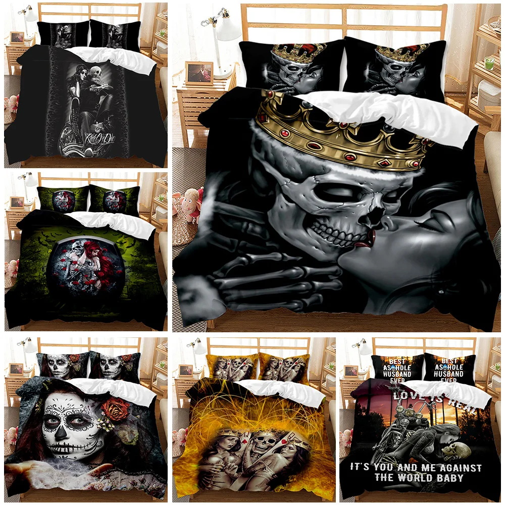 

Skull Duvet Cover Skeleton Wedding Bride Groom Bedding,3PC The Dead Couple Set Heart Kiss Rose Decorative Full/King/Queen Size