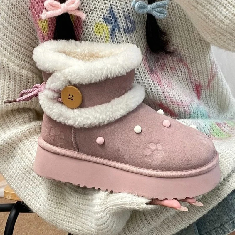 Женские зимние ботинки на платформе плоской подошве с мехом короткие плюшевые