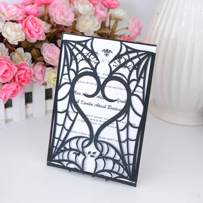 

Gate Fold Unique Design Black Laser Cut Halloween Wedding Invitation Cards