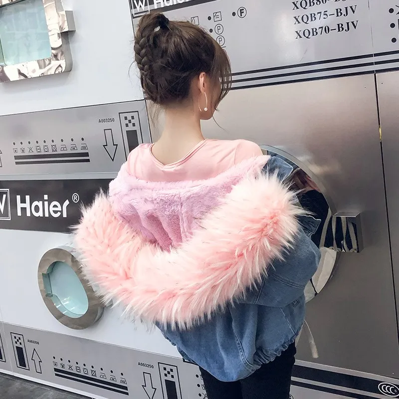 Зимняя свободная толстая джинсовая куртка в корейском стиле с большим плюшевым