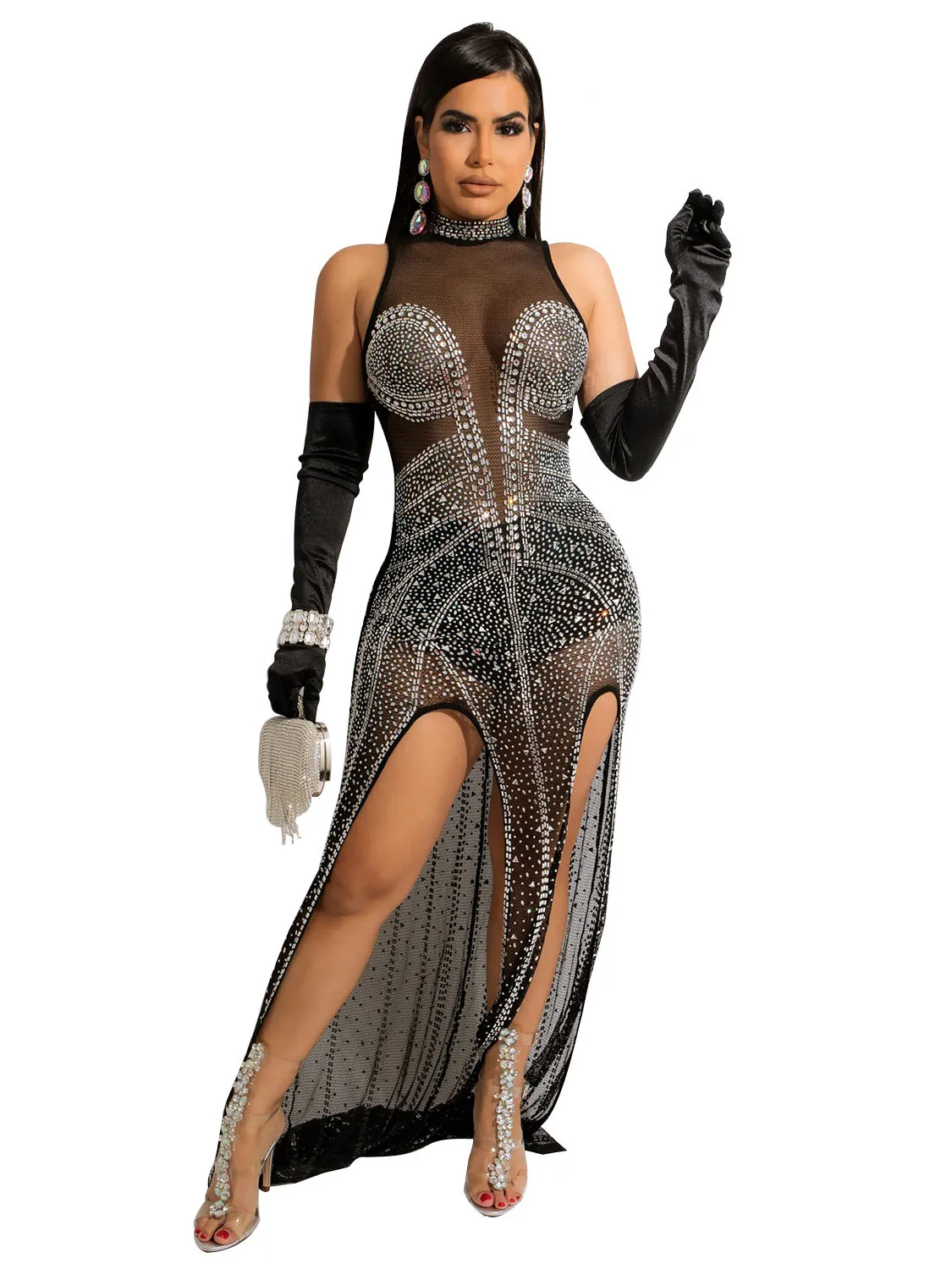 

Szkzk Mesh Rhinestone Long Maxi Dresses See Through Night Club Outfits Evening Gown For Women Party Sexy Diamond Prom Slit Dress