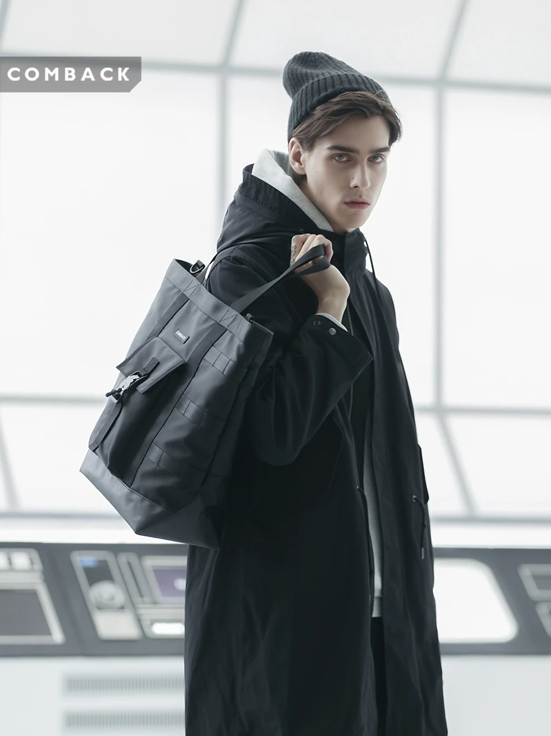 COMBACK 22SS Fashion Casual Minimalism Dark Black Tote Bag Diagonal Straddle Men's Dual-Purpose Backpack Techwear Workwear