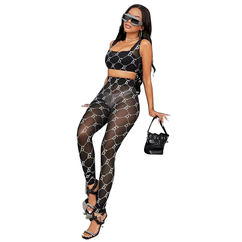 

Сексуальный прозрачный костюм Printin из двух предметов, Женский хипстерский сетчатый короткий жилет с лямкой на шее без рукавов + облегающие в...