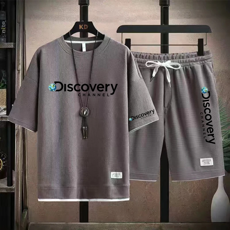 Summer Discovery Men's Two Piece Set Linen Fabric Casual T-Shirt and Shorts Set Mens Sports Suit Fashion Short Sleeve Tracksuit