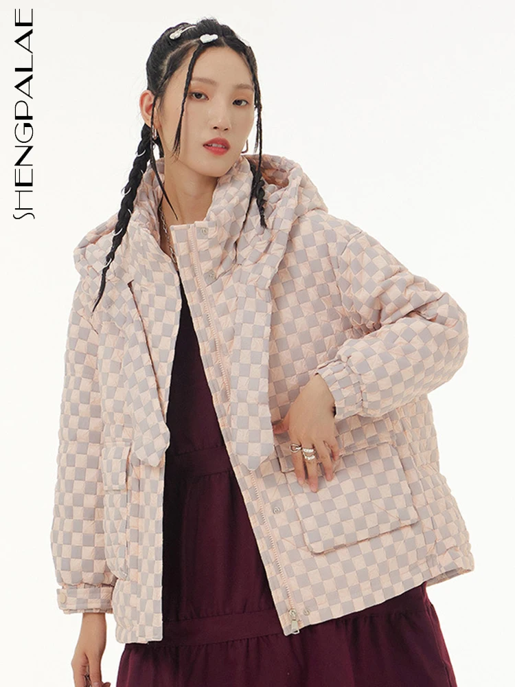 

SHENGPALAE клетчатый пуховик с капюшоном теплое плотное простое пальто свободная Милая верхняя одежда оверсайз 2023 Весенняя женская одежда 5R380