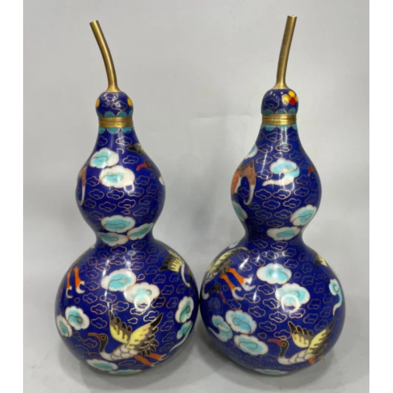 

8.3 Inch a Pair of Feng Shui Decoration Copper Cloisonne Enamel Cloud Crane Gourd Statue Bottle