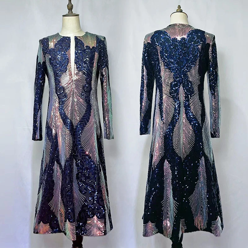 

Мужской сценический костюм певицы, блестящее длинное пальто с блестками, одежда для диджея, яркая одежда для бара, банкета, фестиваля, VDB5948